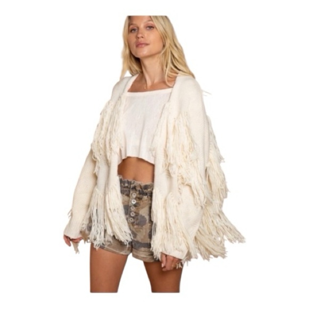 POL Cream Fringed Cardigan